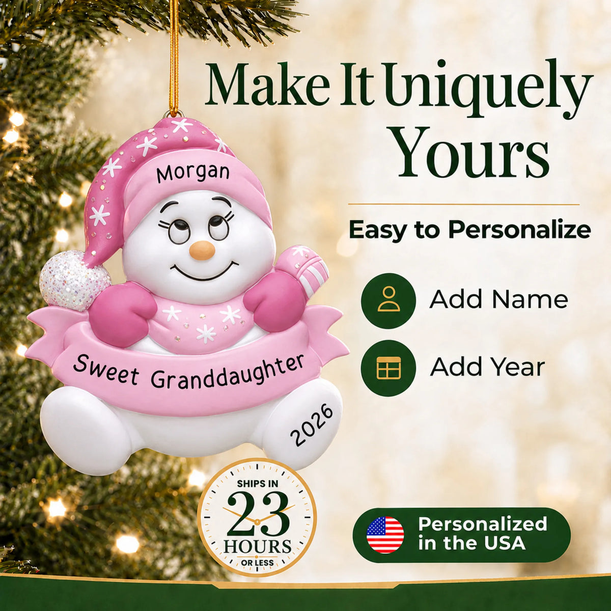 Make it yours: personalize the granddaughter pink snowman christmas ornament