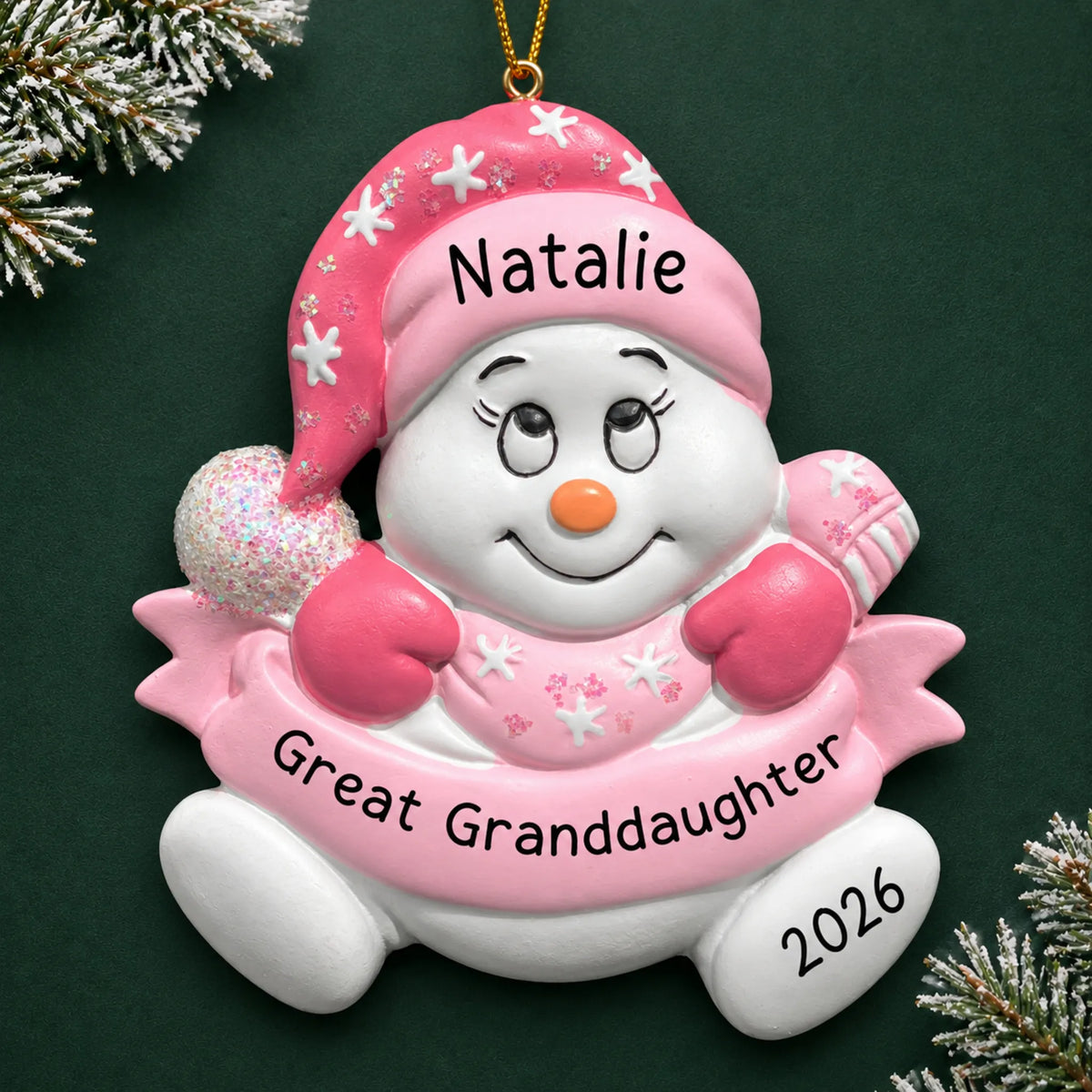 Personalized great granddaughter snowman christmas ornament on a dark green pine background