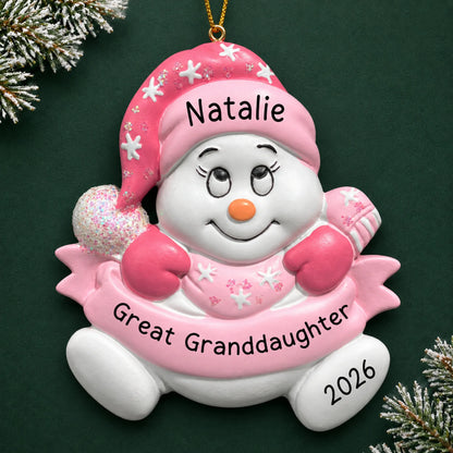 Personalized great granddaughter snowman christmas ornament on a dark green pine background