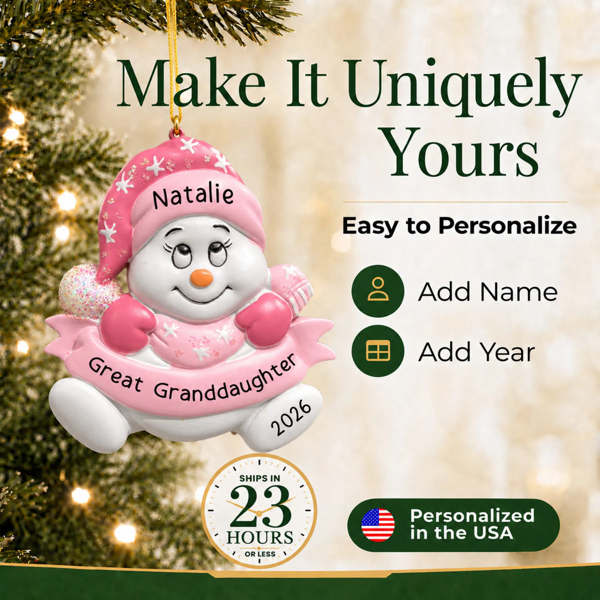 Make it yours: personalize the great granddaughter snowman christmas ornament