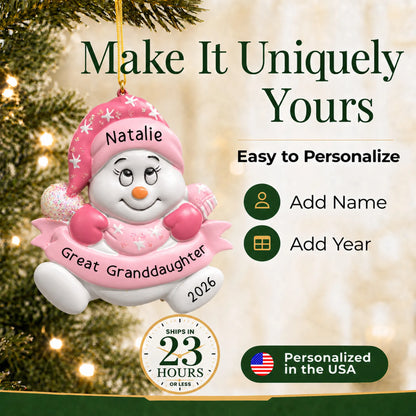 Make it yours: personalize the great granddaughter snowman christmas ornament