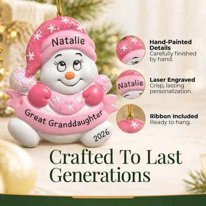 Hand-painted, laser engraved great granddaughter snowman christmas ornament, ribbon included