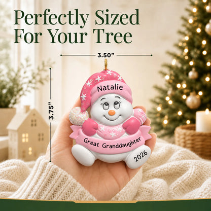 Size guide: the personalized great granddaughter snowman christmas ornament is 3.50 in wide by 3.75 in tall, shown in hand