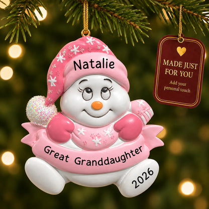 Great granddaughter snowman christmas ornament hanging on a lit Christmas tree with a Made Just For You gift tag
