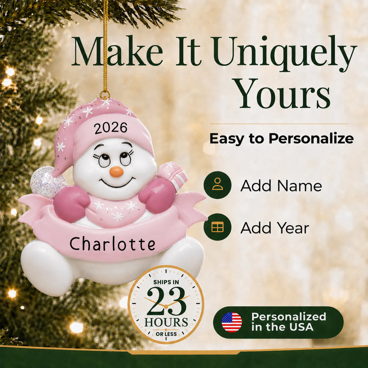 Make it yours: add name and year to the personalized baby girl pink snowbaby christmas ornament