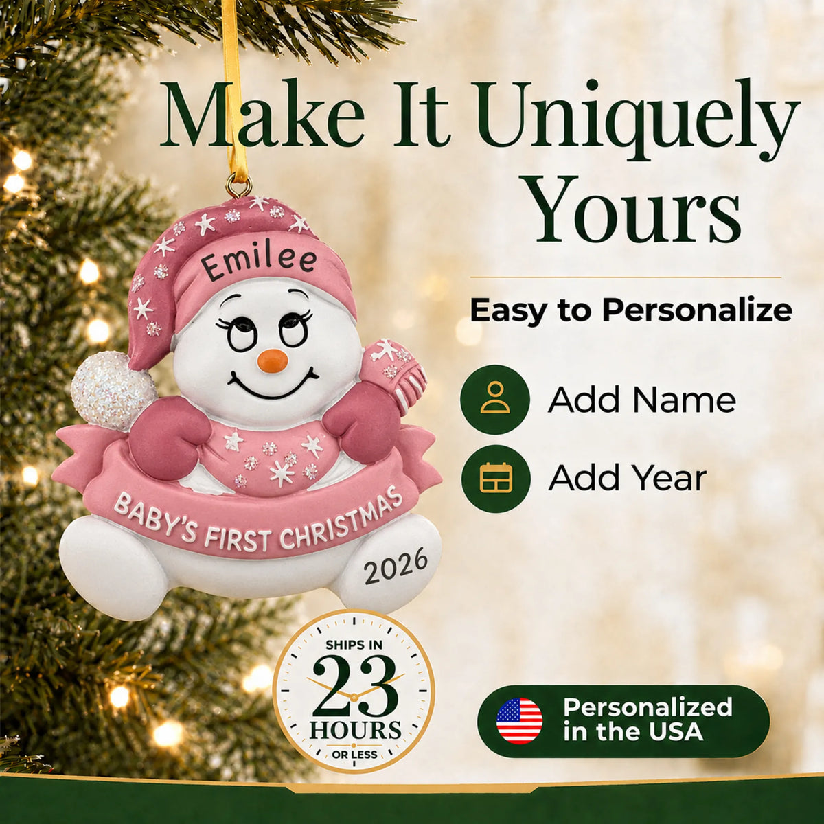 Make it yours: add name and year to the personalized pink baby's 1st christmas snow baby ornament