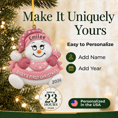 Make it yours: add name and year to the personalized pink baby's 1st christmas snow baby ornament