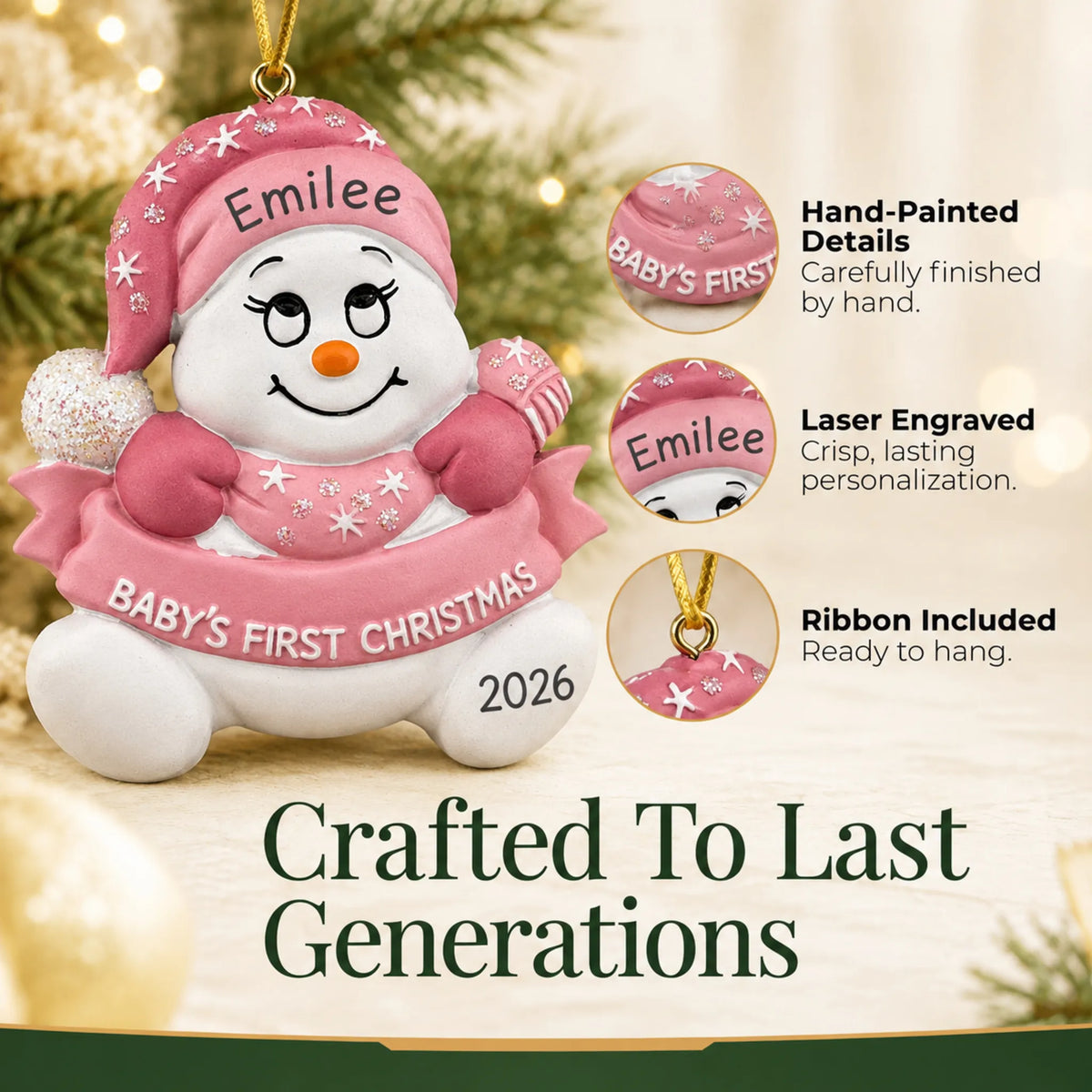 Hand-painted details and laser engraved personalization on the pink baby's 1st christmas snow baby ornament, ribbon included