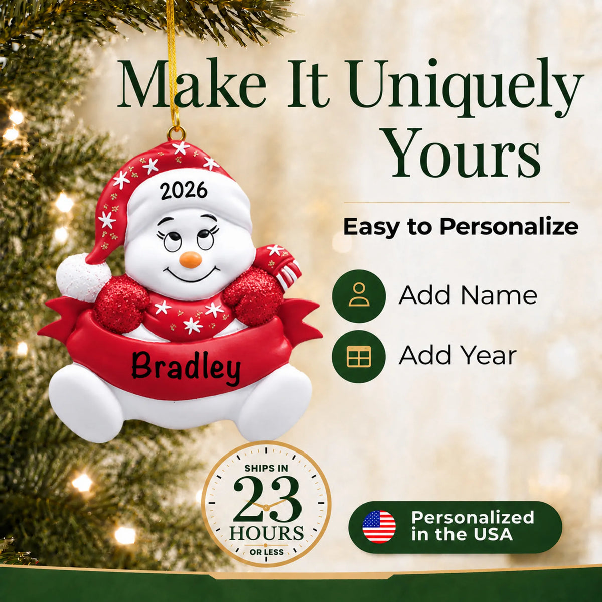 Make it yours: add name and year to the personalized red snowbaby christmas ornament