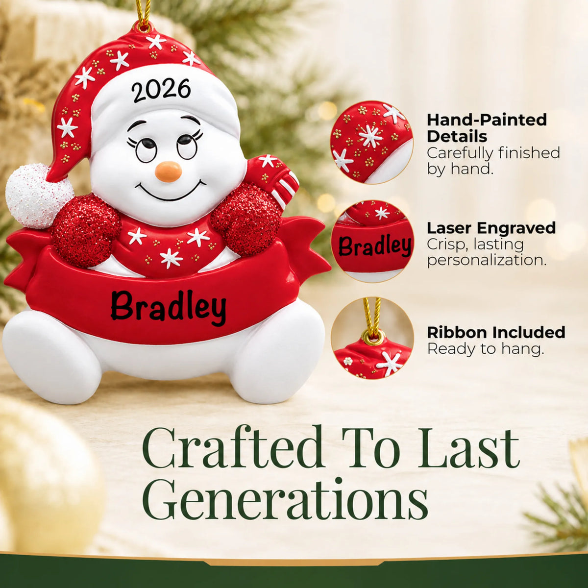 Hand-painted details and laser engraved personalization on the red snowbaby christmas ornament, ribbon included