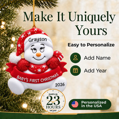 Make it yours: add name and year to the personalized red baby's 1st christmas snowman ornament