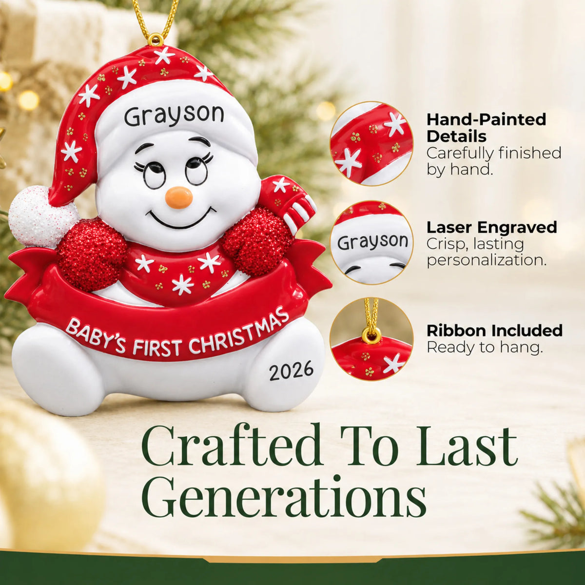 Hand-painted details and laser engraved personalization on the red baby's 1st christmas snowman ornament, ribbon included