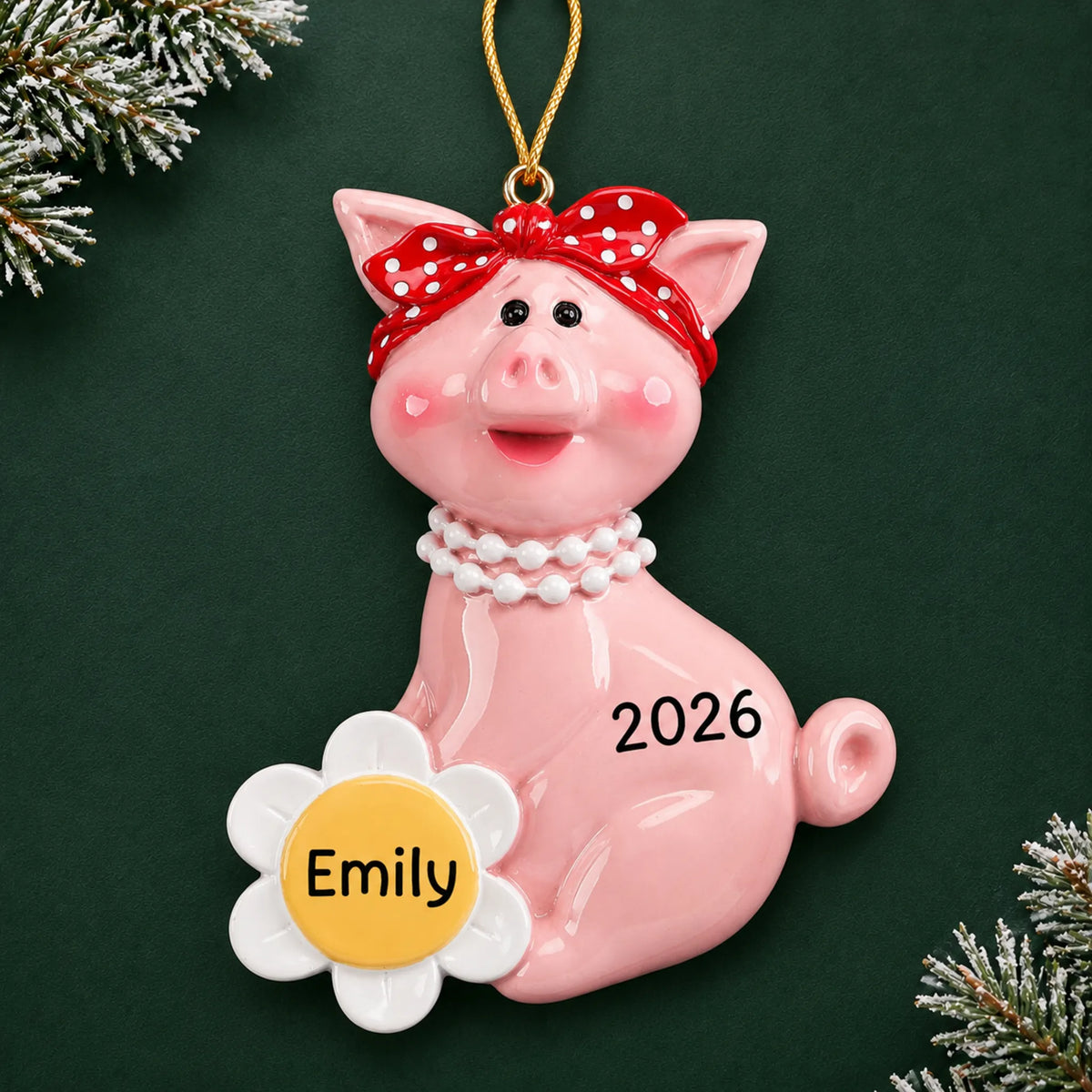 Personalized little piggy christmas ornament on a dark green pine background