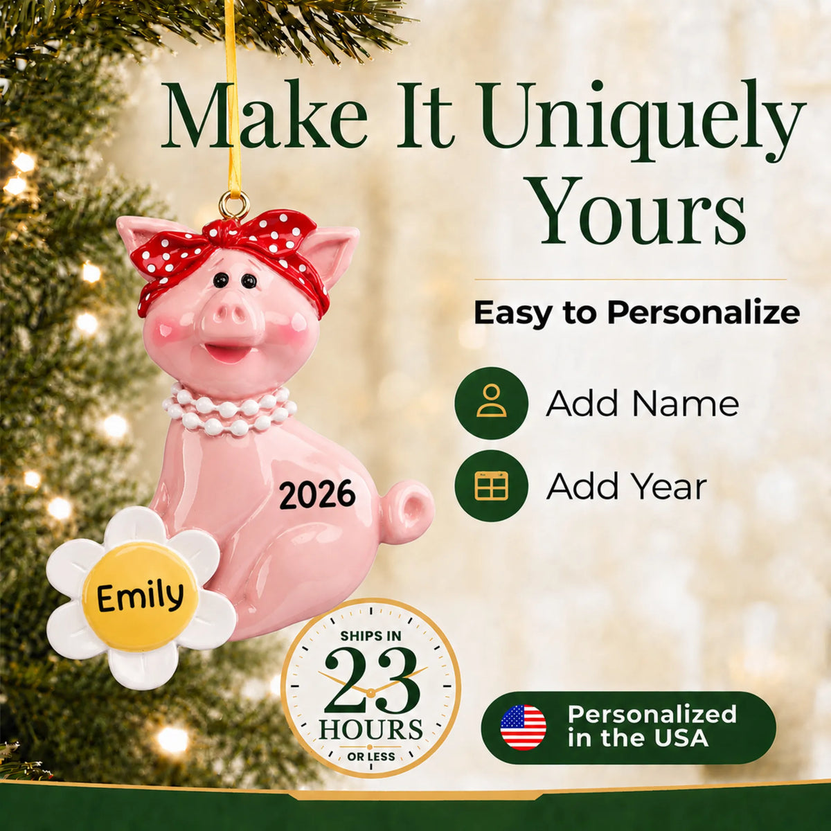 Make it yours: add a name and year to the personalized little piggy christmas ornament