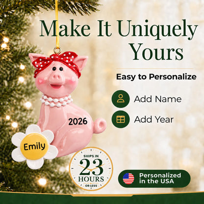 Make it yours: add a name and year to the personalized little piggy christmas ornament