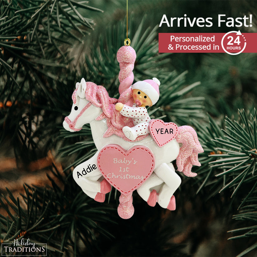 Personalized children’s Christmas ornament featuring a festive design and engraved name and date.