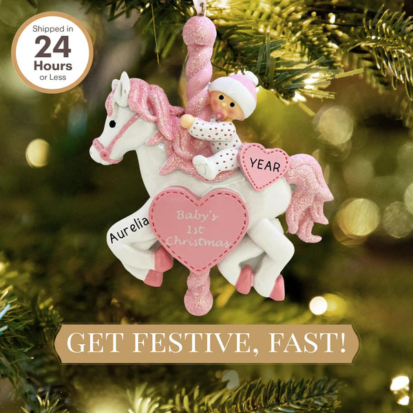 Pink Baby Carousel Christmas Ornament – Soft pastel carousel ornament with delicate details for baby's first Christmas.