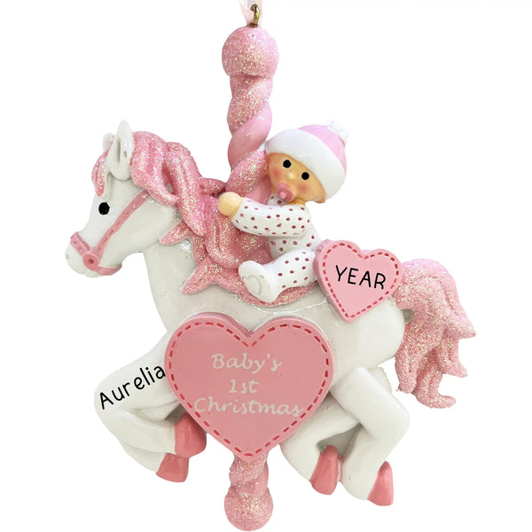 Pink Baby Carousel 1st Christmas Personalized Ornament