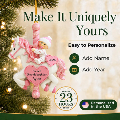 Make it yours: personalize the granddaughter pink baby carousel christmas ornament