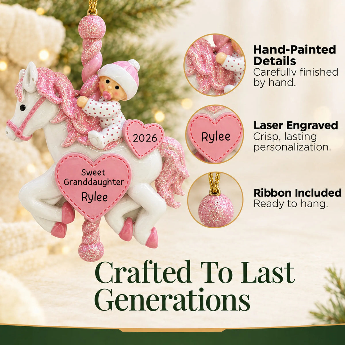 Hand-painted, laser engraved granddaughter pink baby carousel christmas ornament, ribbon included