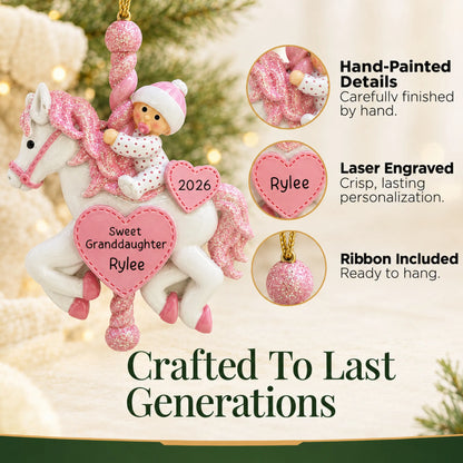 Hand-painted, laser engraved granddaughter pink baby carousel christmas ornament, ribbon included