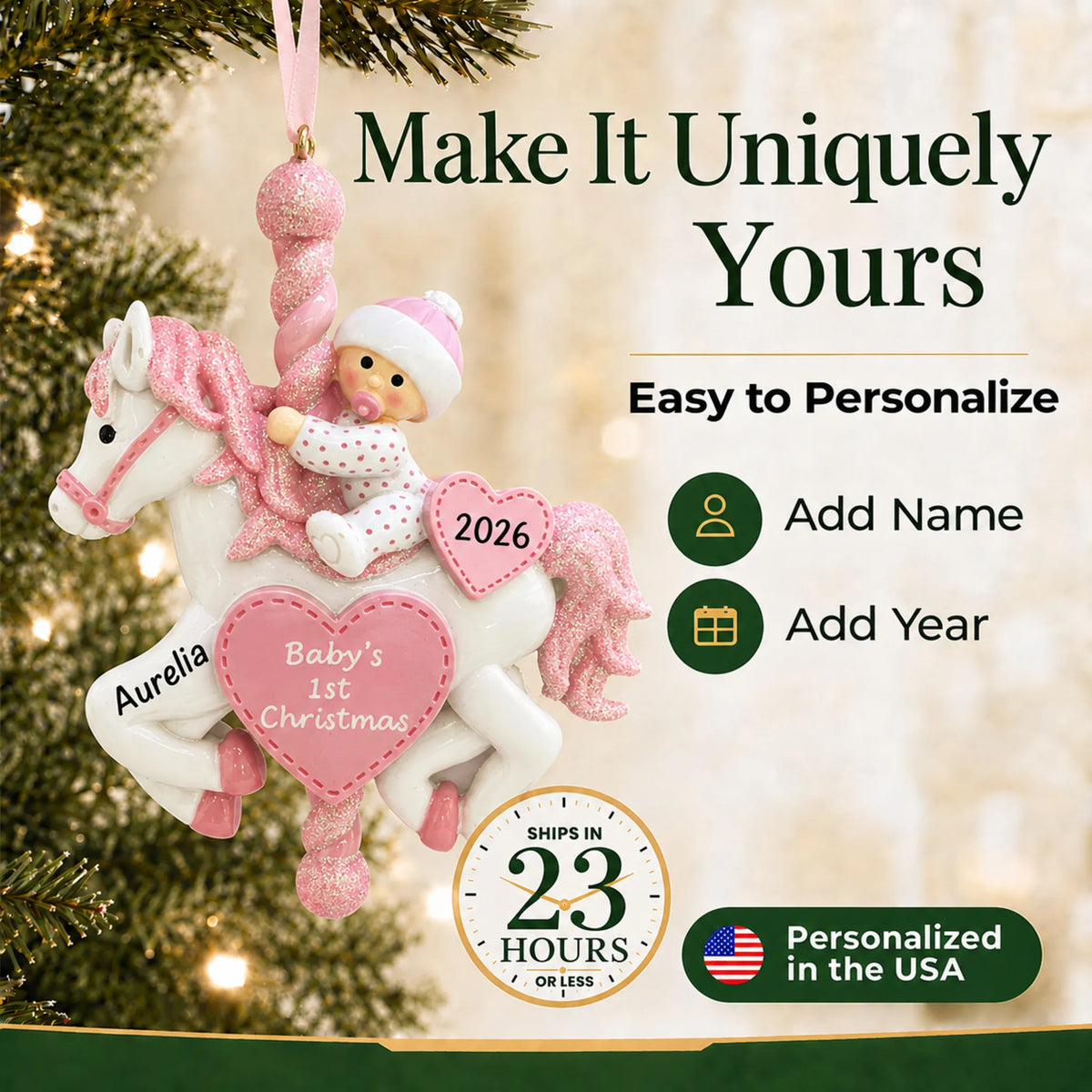 Make it yours: add name and year to the personalized pink baby's 1st christmas carousel ornament