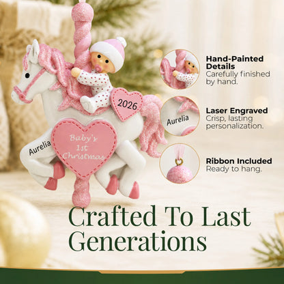 Hand-painted details and laser engraved personalization on the pink baby's 1st christmas carousel ornament, ribbon included