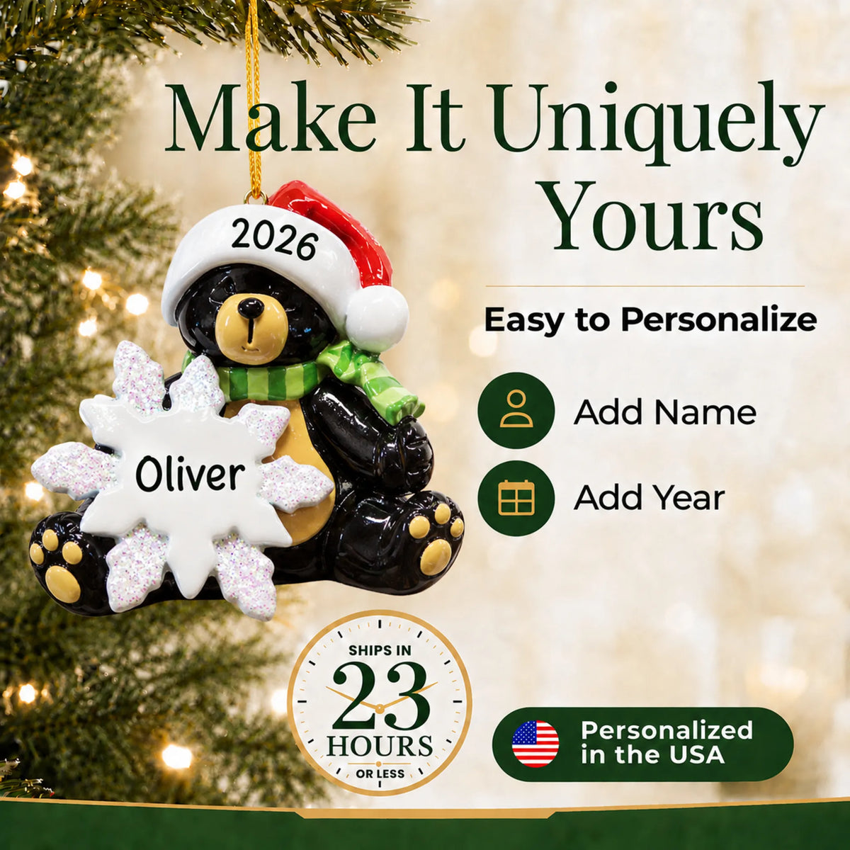 Make it yours: add a name and year to the personalized sitting black bear christmas ornament