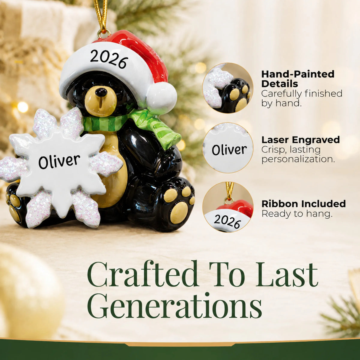 Hand-painted details and laser engraved personalization on the sitting black bear christmas ornament, ribbon included