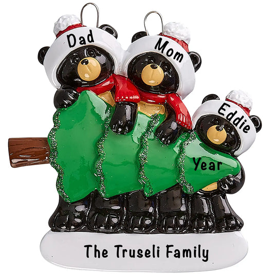 Personalized black bear family of 3 Christmas ornament by a green tree with names and the family name