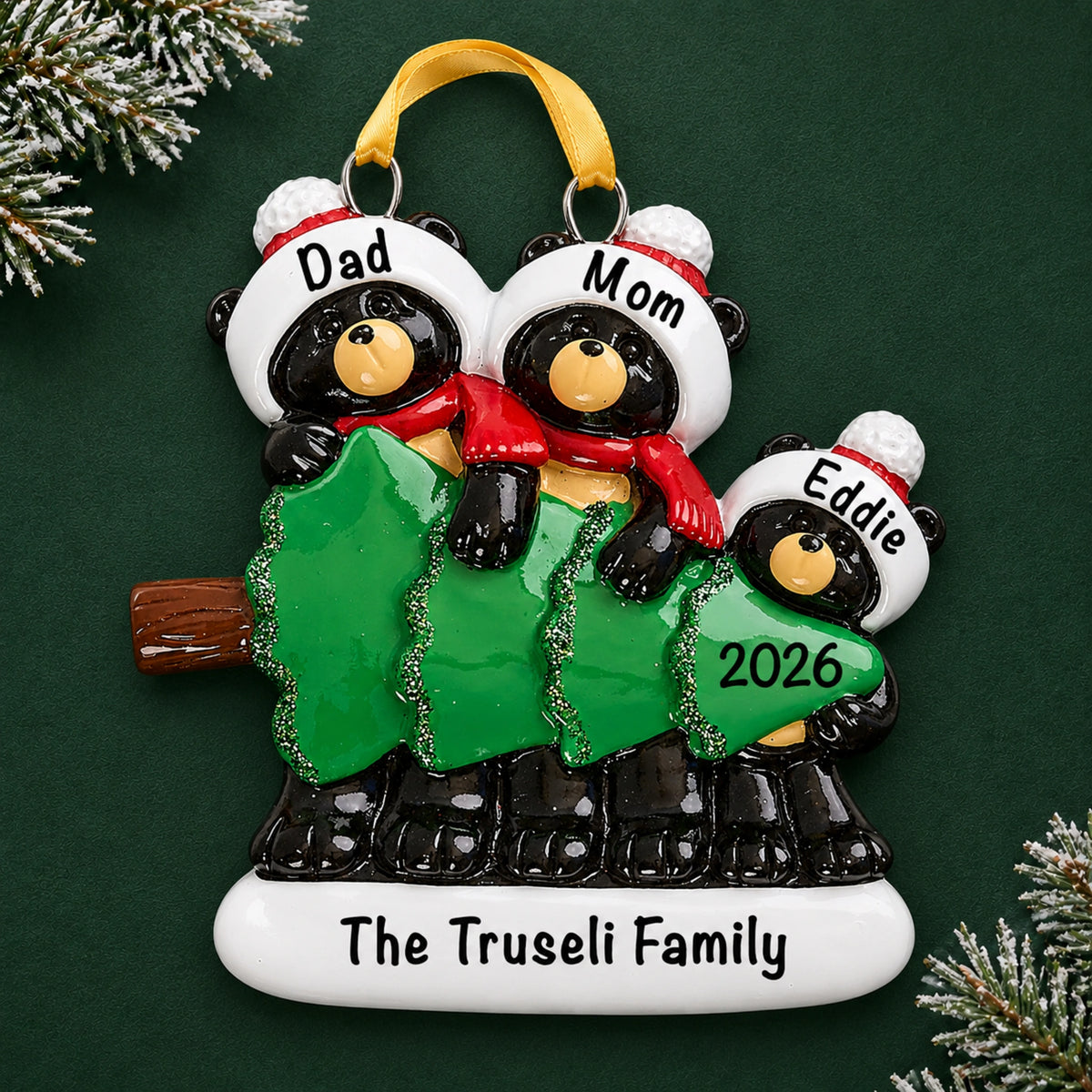 Personalized black bear family of 3 Christmas ornament, three bears carrying a green tree with names and 2026
