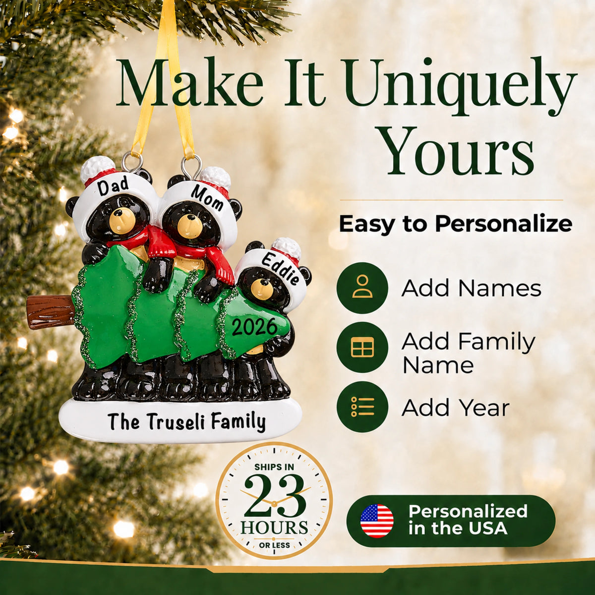Black bear family of 3 ornament personalized with names, family name and year, ready in 23 hours