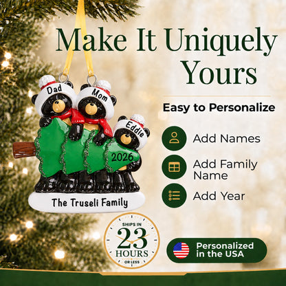 Black bear family of 3 ornament personalized with names, family name and year, ready in 23 hours