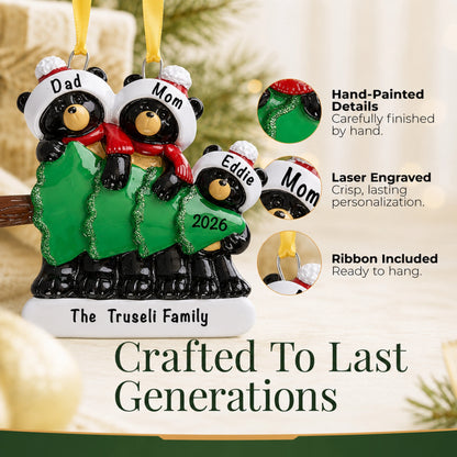 Hand-painted, laser-engraved black bear family of 3 ornament with ribbon, crafted to last generations