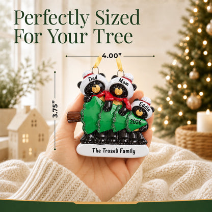 Personalized black bear family of 3 Christmas ornament held in hand, about 4 inches wide for your tree