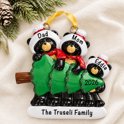 Personalized black bear family of 3 Christmas ornament with three names and 2026 on a holiday tree