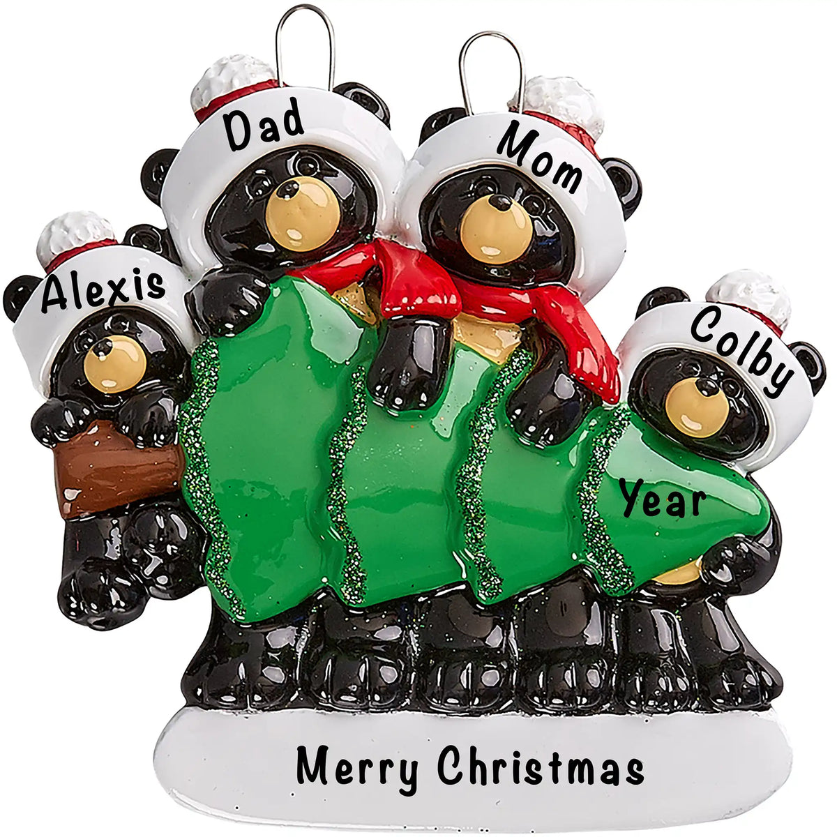 Personalized black bear family of 4 Christmas ornament by a green tree with four names and a greeting