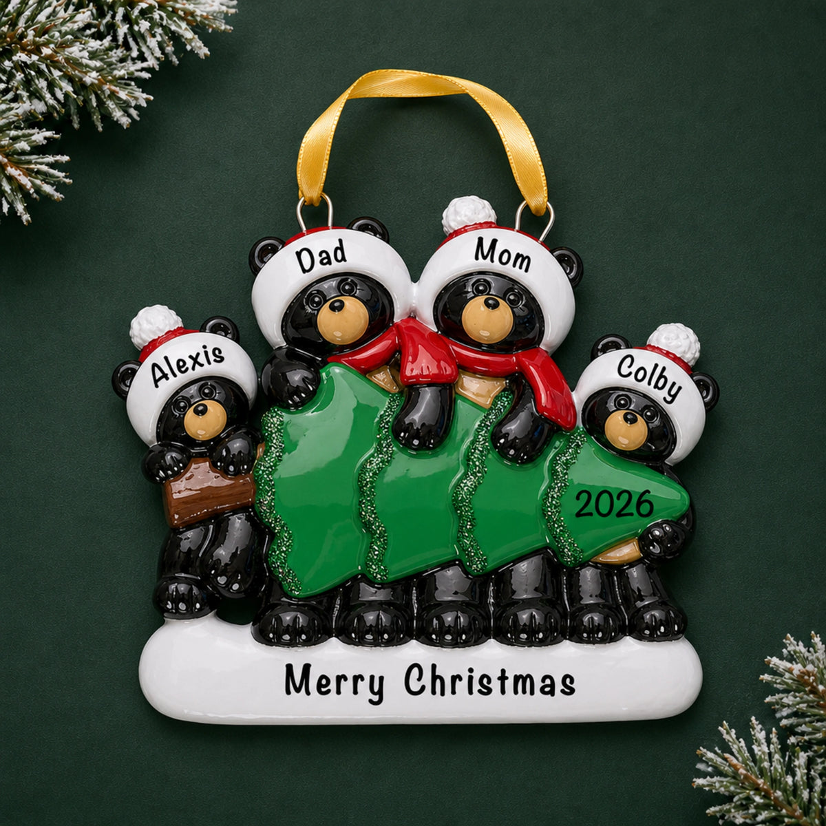 Personalized black bear family of 4 Christmas ornament, four bears carrying a green tree with names and 2026