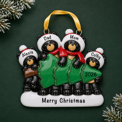 Personalized black bear family of 4 Christmas ornament, four bears carrying a green tree with names and 2026