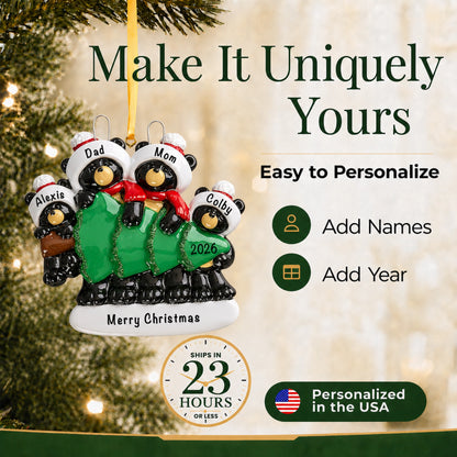 Black bear family of 4 ornament personalized with four names, the year and Merry Christmas, ready in 23 hours