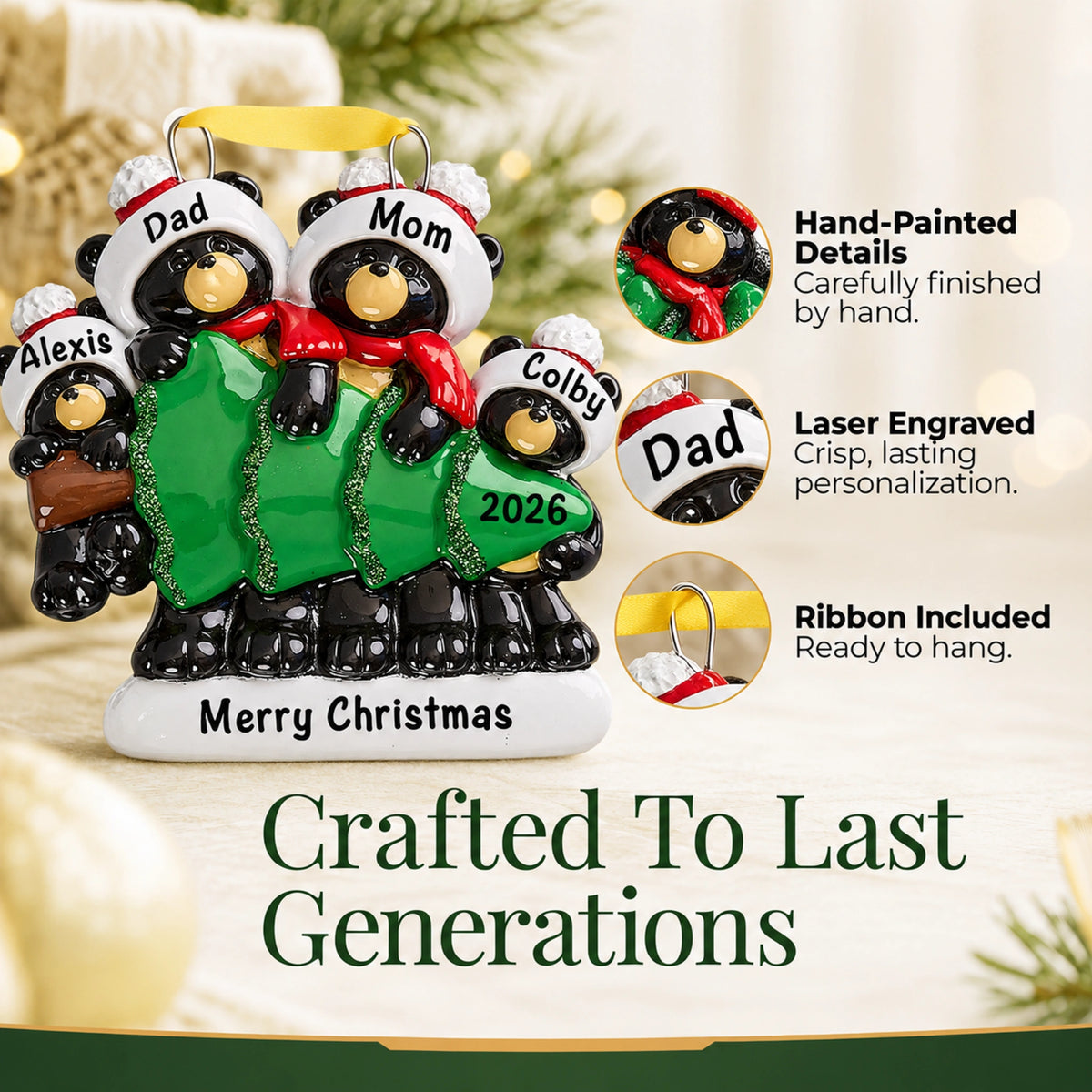 Hand-painted, laser-engraved black bear family of 4 ornament with ribbon, crafted to last generations