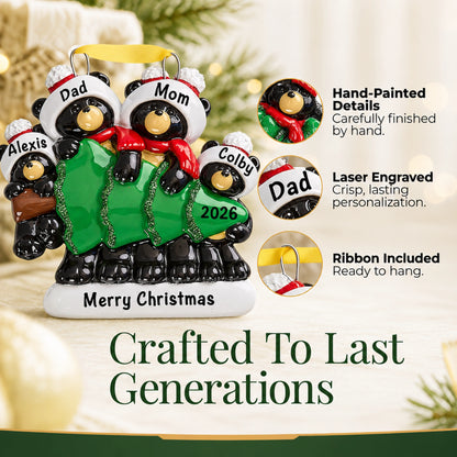Hand-painted, laser-engraved black bear family of 4 ornament with ribbon, crafted to last generations