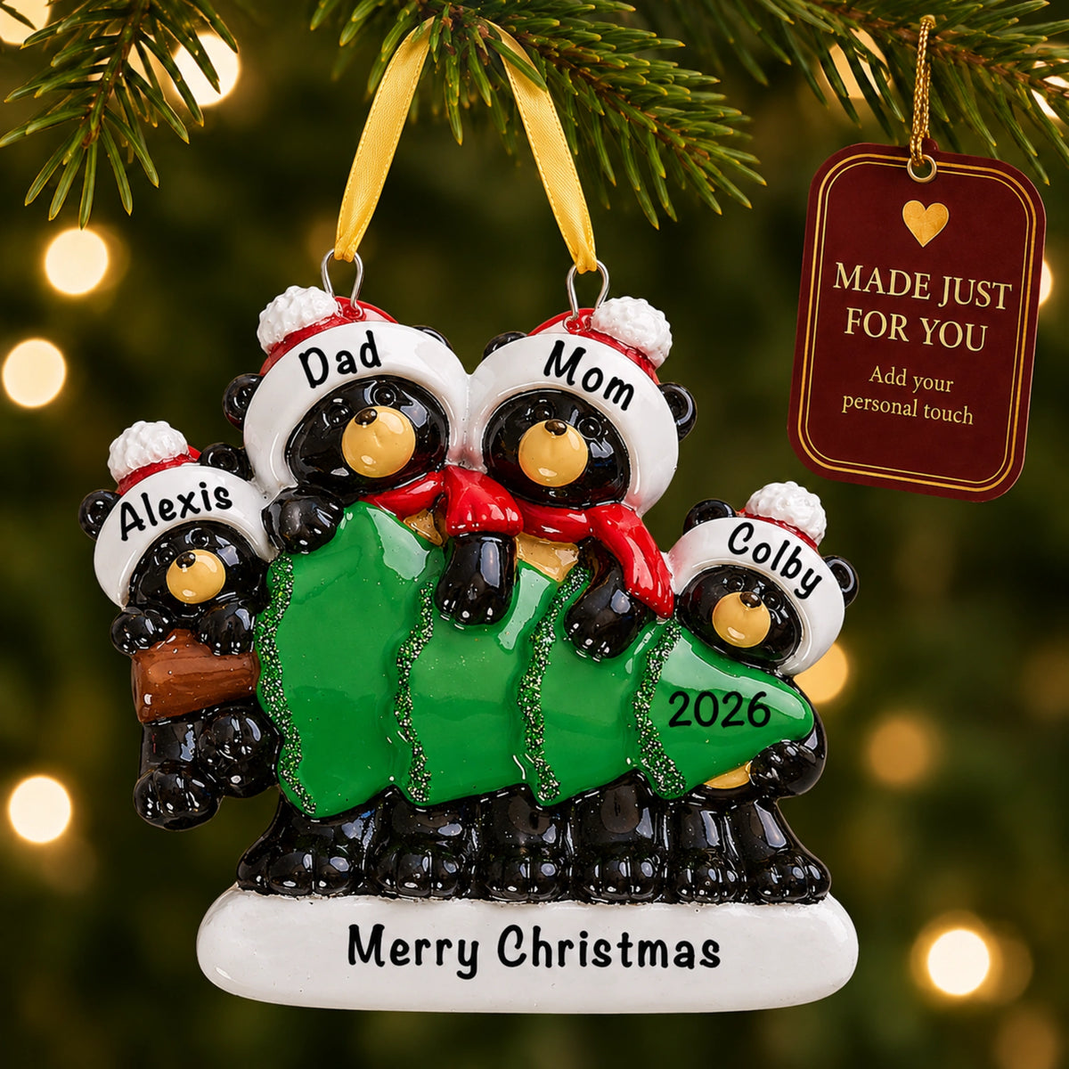 Personalized black bear family of 4 ornament on a tree with a Made Just For You gift tag