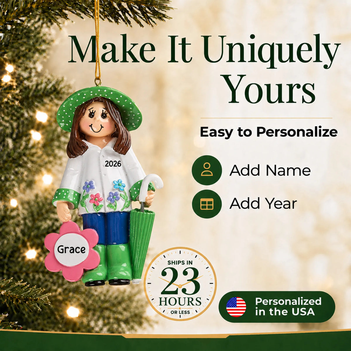 Make it yours: add name and year to the personalized gardening christmas ornament