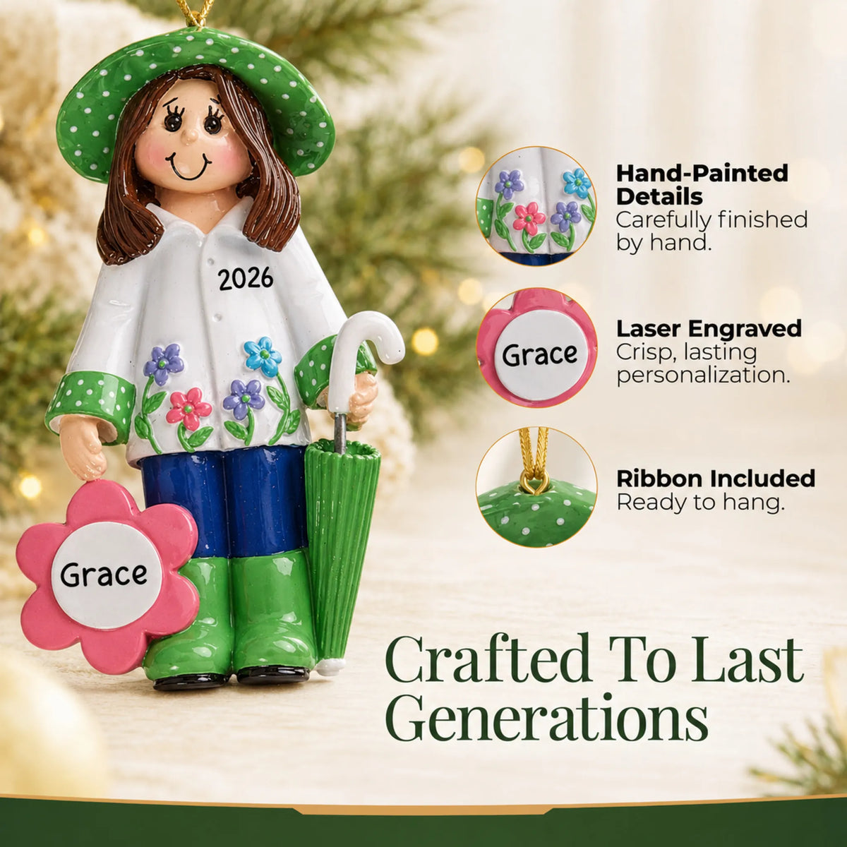 Hand-painted details and laser engraved personalization on the gardening christmas ornament, ribbon included