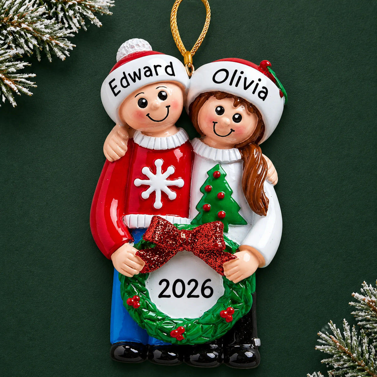 Personalized ugly sweater couple christmas ornament on a dark green pine background