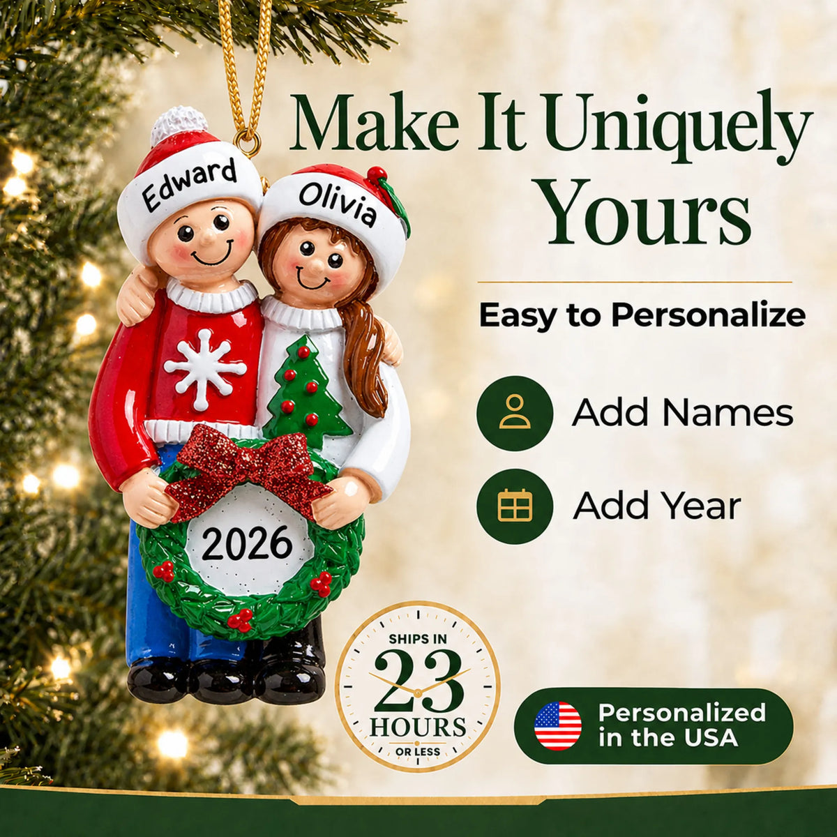 Make it yours: add names to the personalized ugly sweater couple christmas ornament