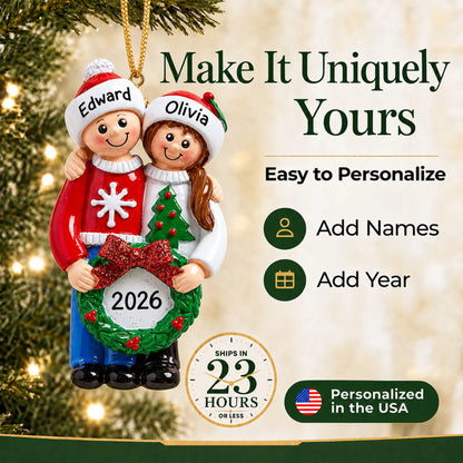 Make it yours: add names to the personalized ugly sweater couple christmas ornament