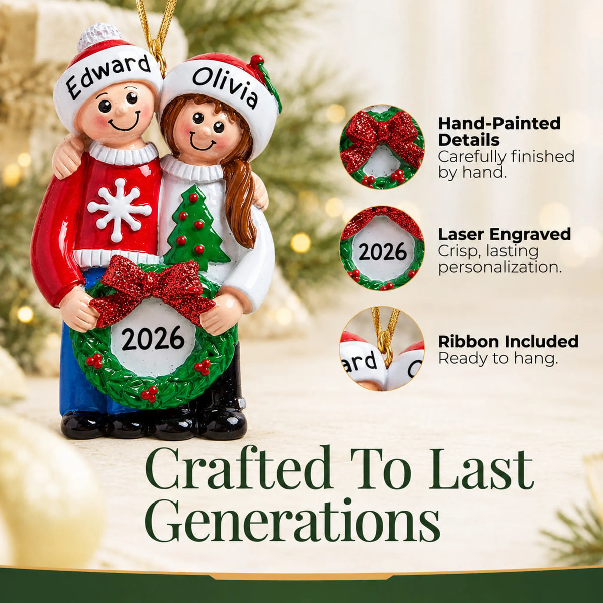 Hand-painted details and laser engraved personalization on the ugly sweater couple christmas ornament, ribbon included