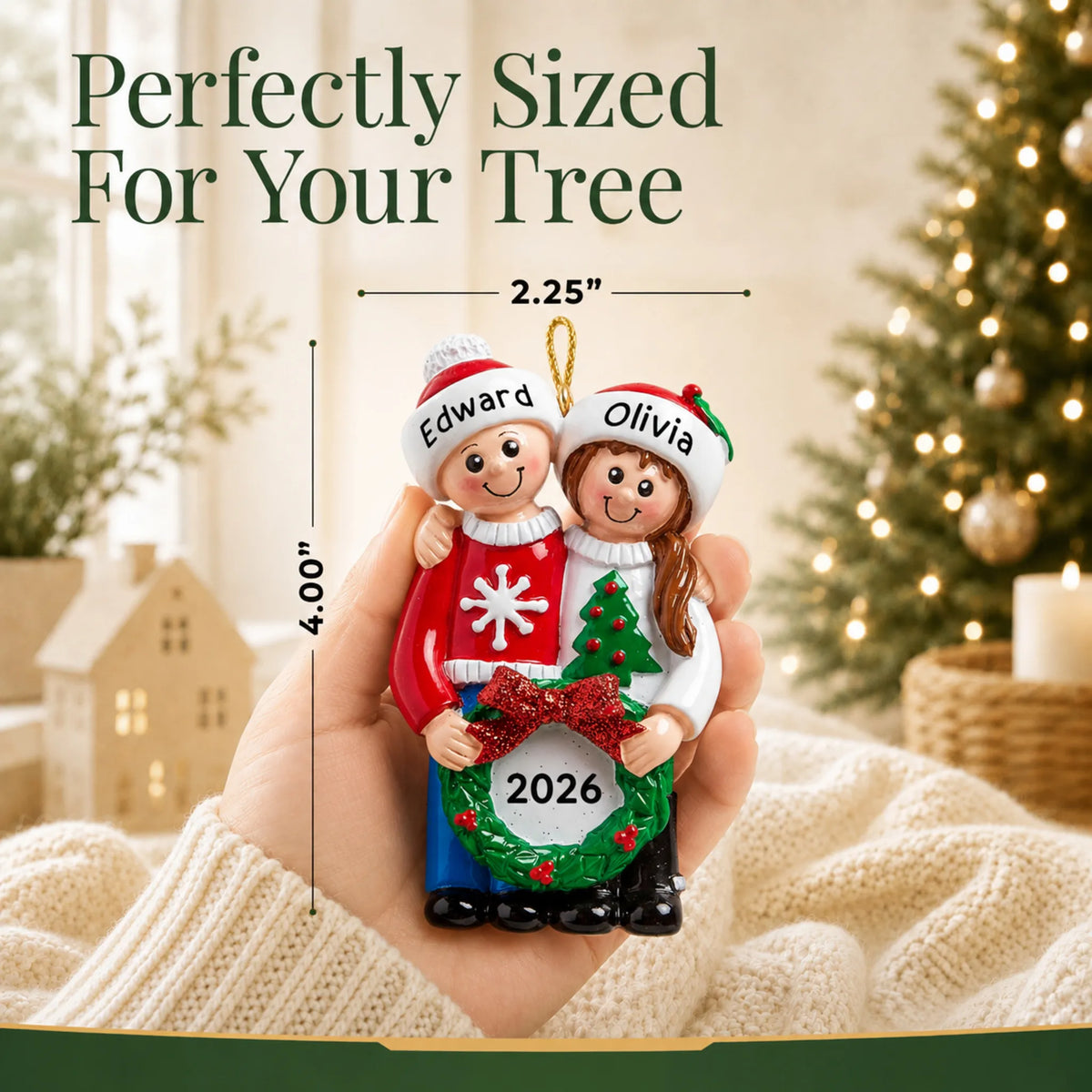 Size guide: the personalized ugly sweater couple christmas ornament is 2.25 in wide by 4.00 in tall, shown in hand